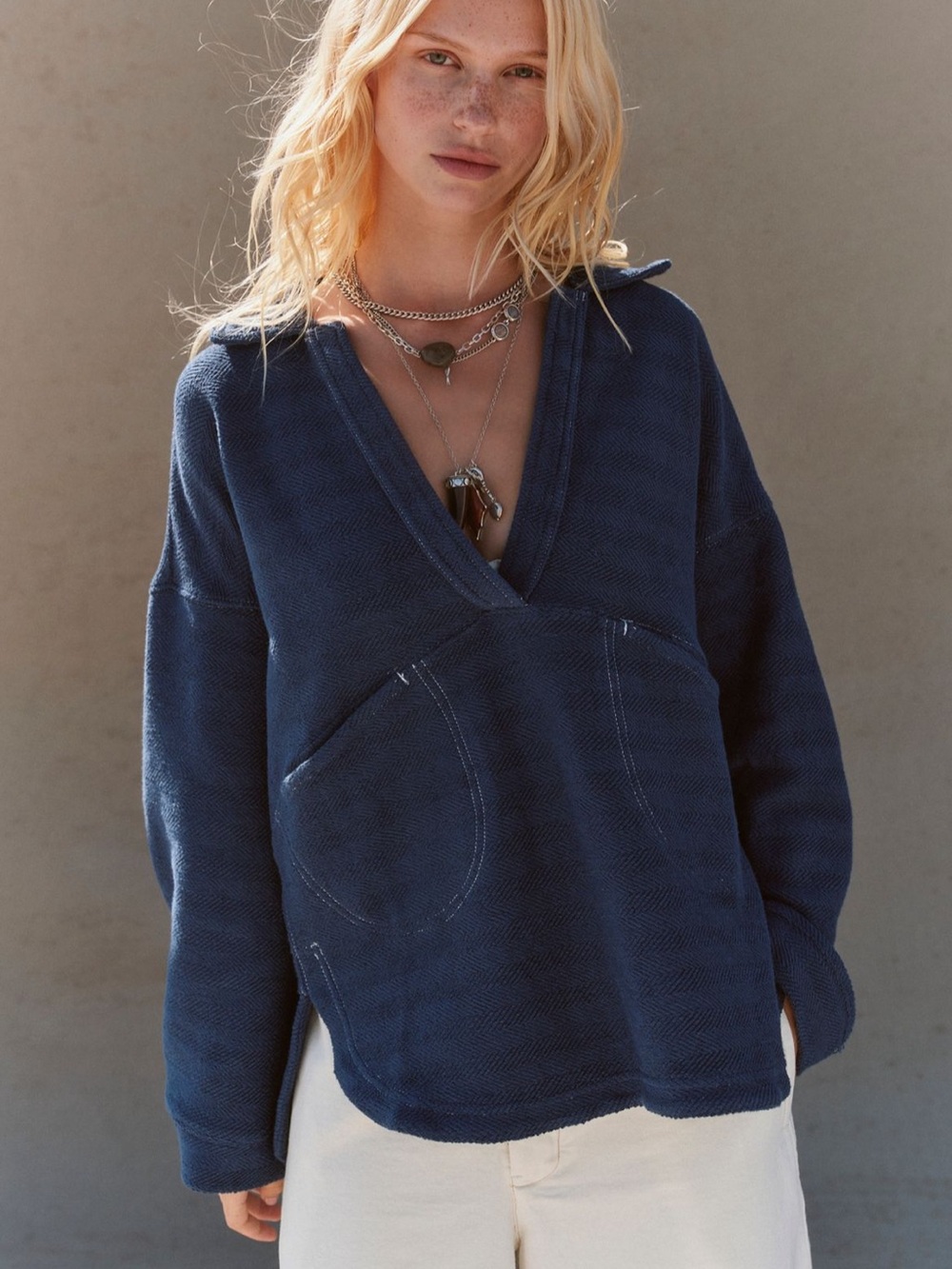 Free People Brody Third Piece Deep Navy V-Neck Pocket Pullover